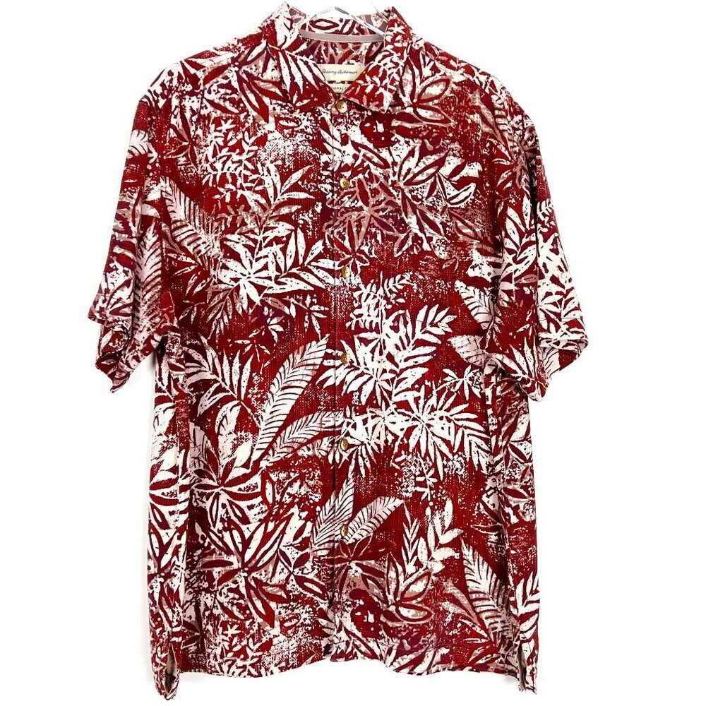 Tommy Bahama Camp Shirt Mens XL Burgundy Cream 100% Silk Hawaiian Print Vacation